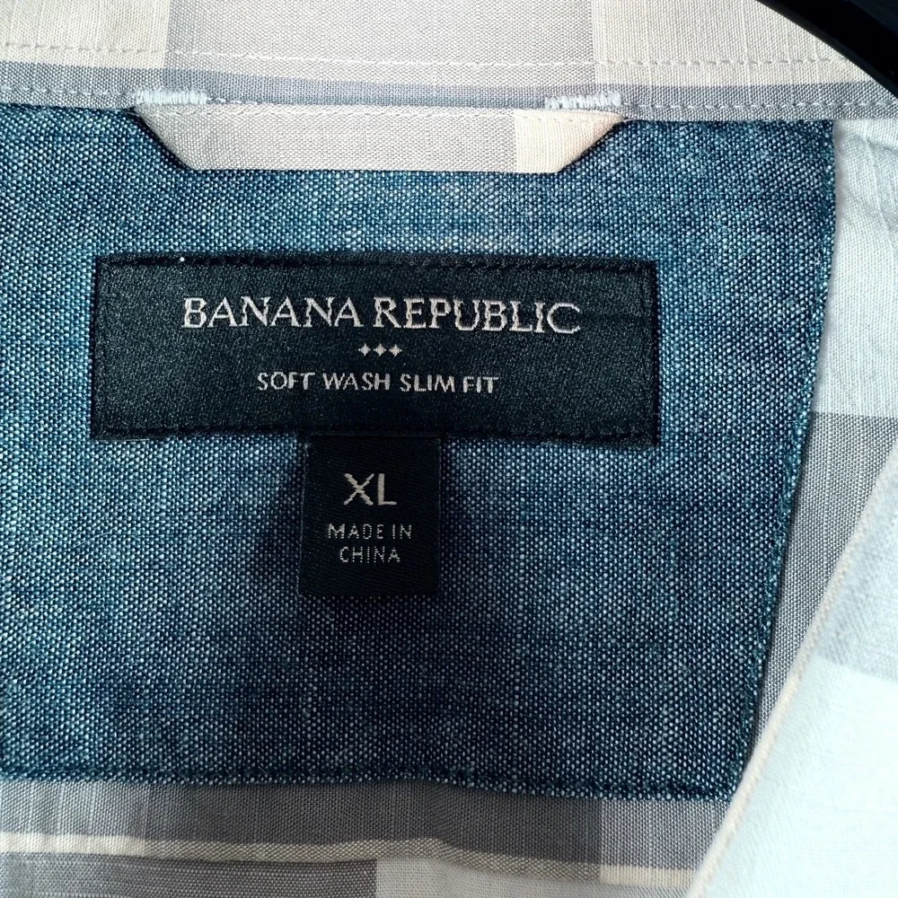 Banana Republic Button Up Shirt Men XL Soft Wash Slim Fit Gray Plaid Long Sleeve